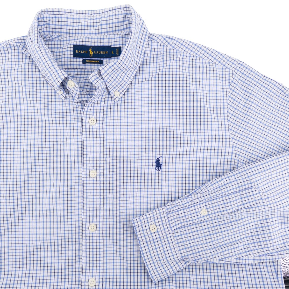 Polo Ralph Lauren Performance Mens L Button Down Shirt Blue Gingham Stretch Tech
